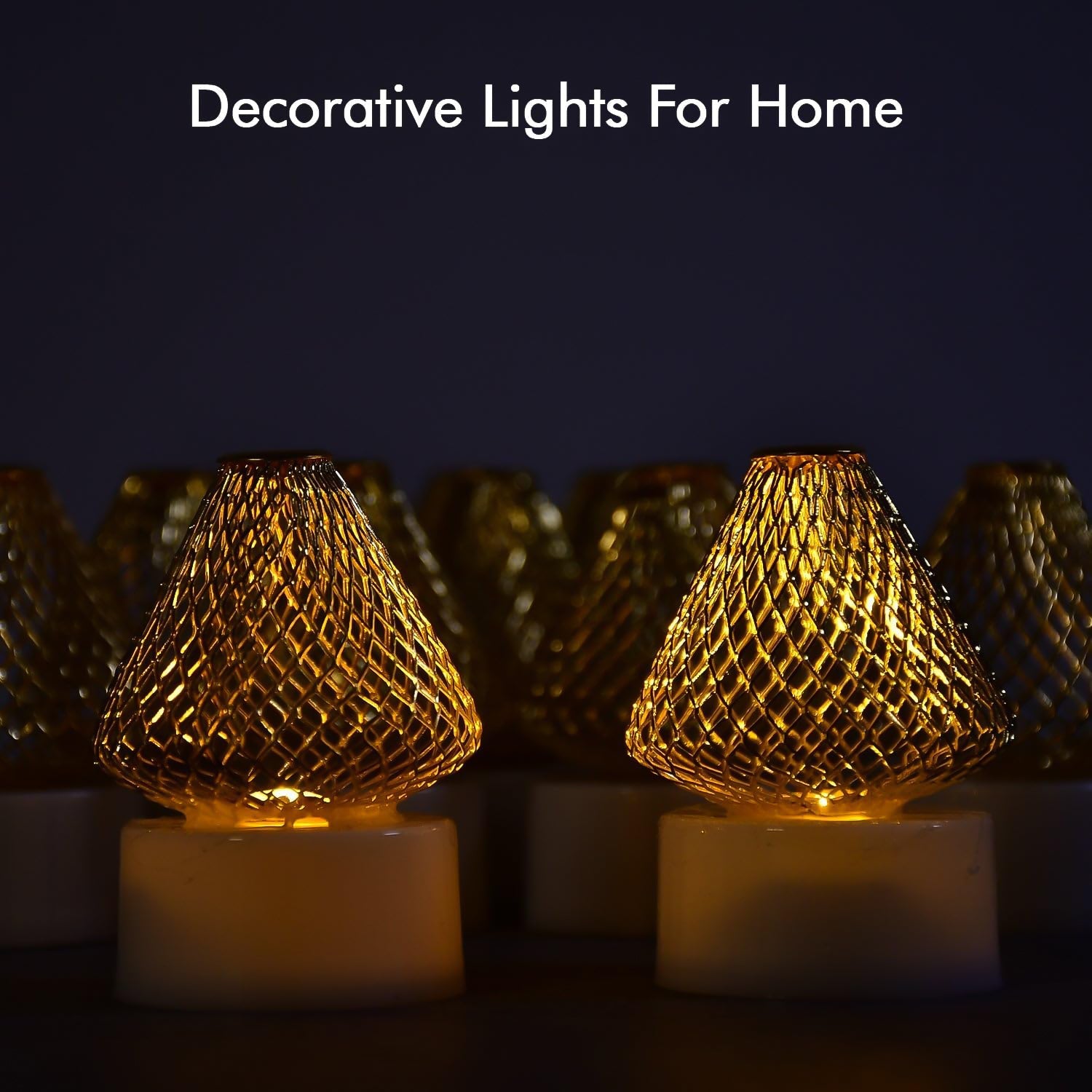 Set of 12 Decorative LED Flameless Candle Lights with Golden Net Cover Set of 12 Decorative LED Flameless Candle Lights with Golden Net Cover
